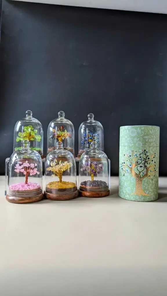 ✨ Crystal Gem Tree Under Glass Dome – Handmade Feng Shui Decoration for Positivity & Prosperity.