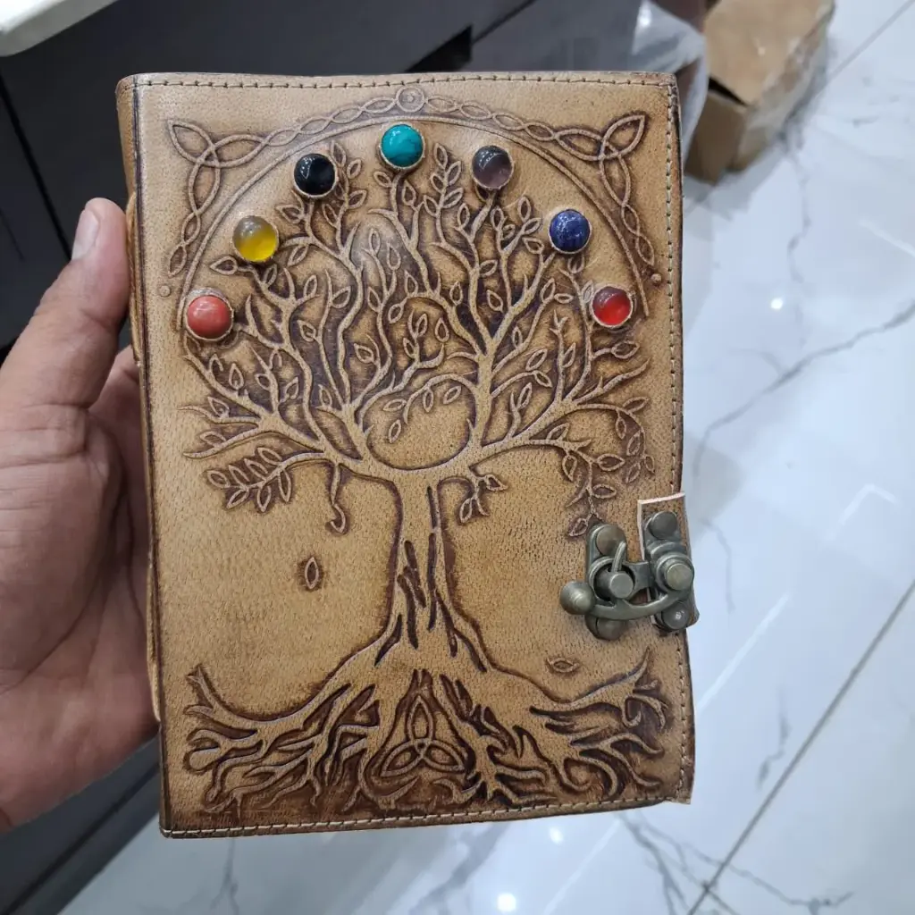 Mateshwari Handicrafts Handmade Refillable Journal, tree of life journal,seven stone book of shadows, Leather Grimoire, Notebook, Leather Diary, personalize journal